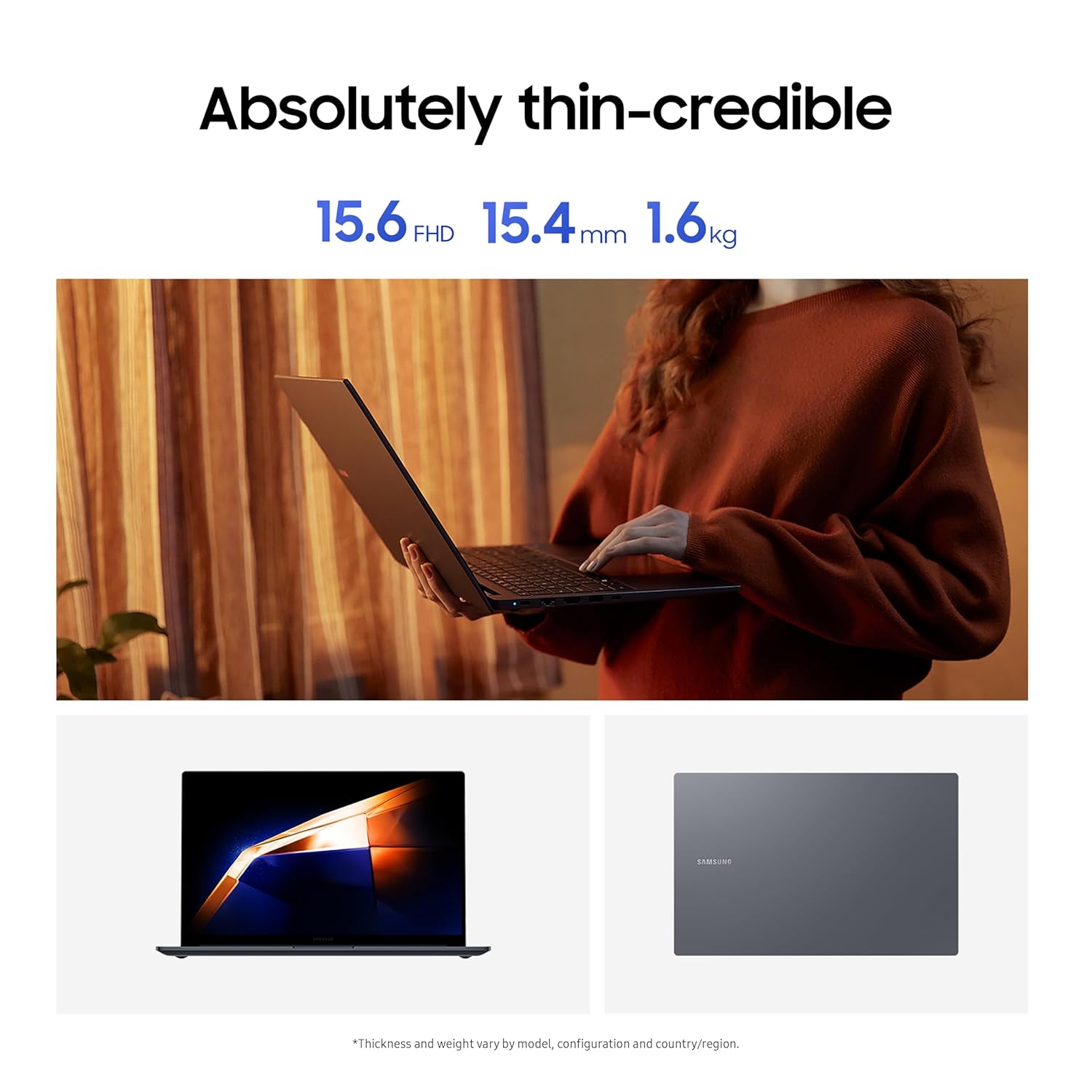 Person holding a thin laptop with specifications displayed above, followed by images of the laptop and its screen.