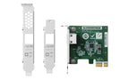 A PCI Express graphics card and its two metal PCIe power adapters shown on a plain white background. The green circuit board card features a gold PCI Express plug and various electronic components.