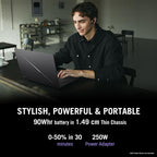 A man in a black shirt sits at a desk using a slim dark gray laptop in a modern office setting. Large promotional text at the bottom reads 'STYLISH, POWERFUL & PORTABLE' and highlights a 90Whr battery in a thin chassis, 0-50% in 30 minutes, and a 250W power adapter.