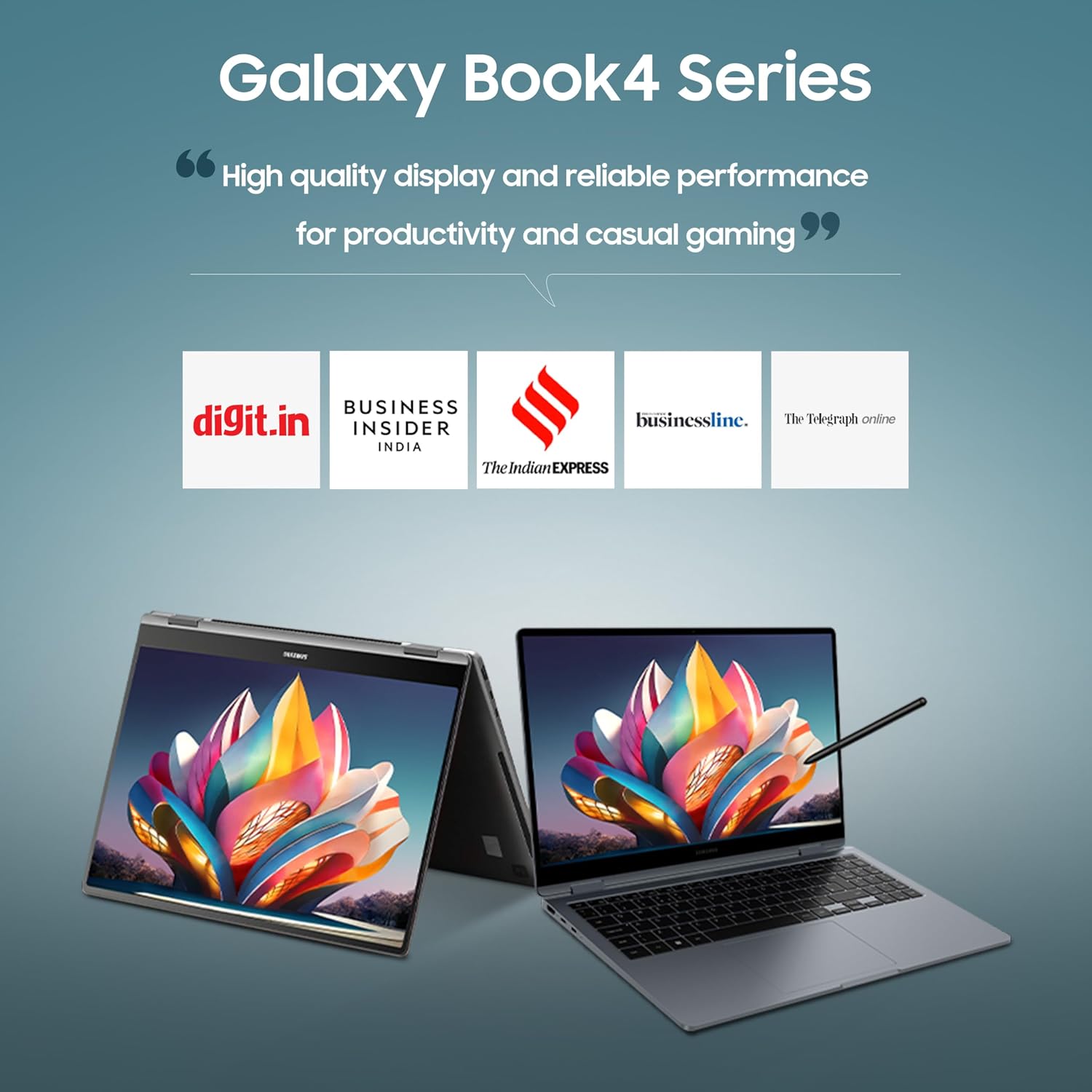 Two laptops displaying a colorful screen with text about the Galaxy Book4 Series on a blue background.