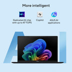 ASUS laptop shown open on a light blue promotional graphic with text highlighting AI features, including a dedicated AI chip with up to 47 TOPS, Copilot, and ASUS AI applications.