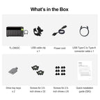 What's in the Box layout showing included items for a QIG TL-D800C drive enclosure: a black multi-drive enclosure, USB cable clip, power cord, USB Type-C to Type-A cable, drive tray keys, screws for 3.5-inch and 2.