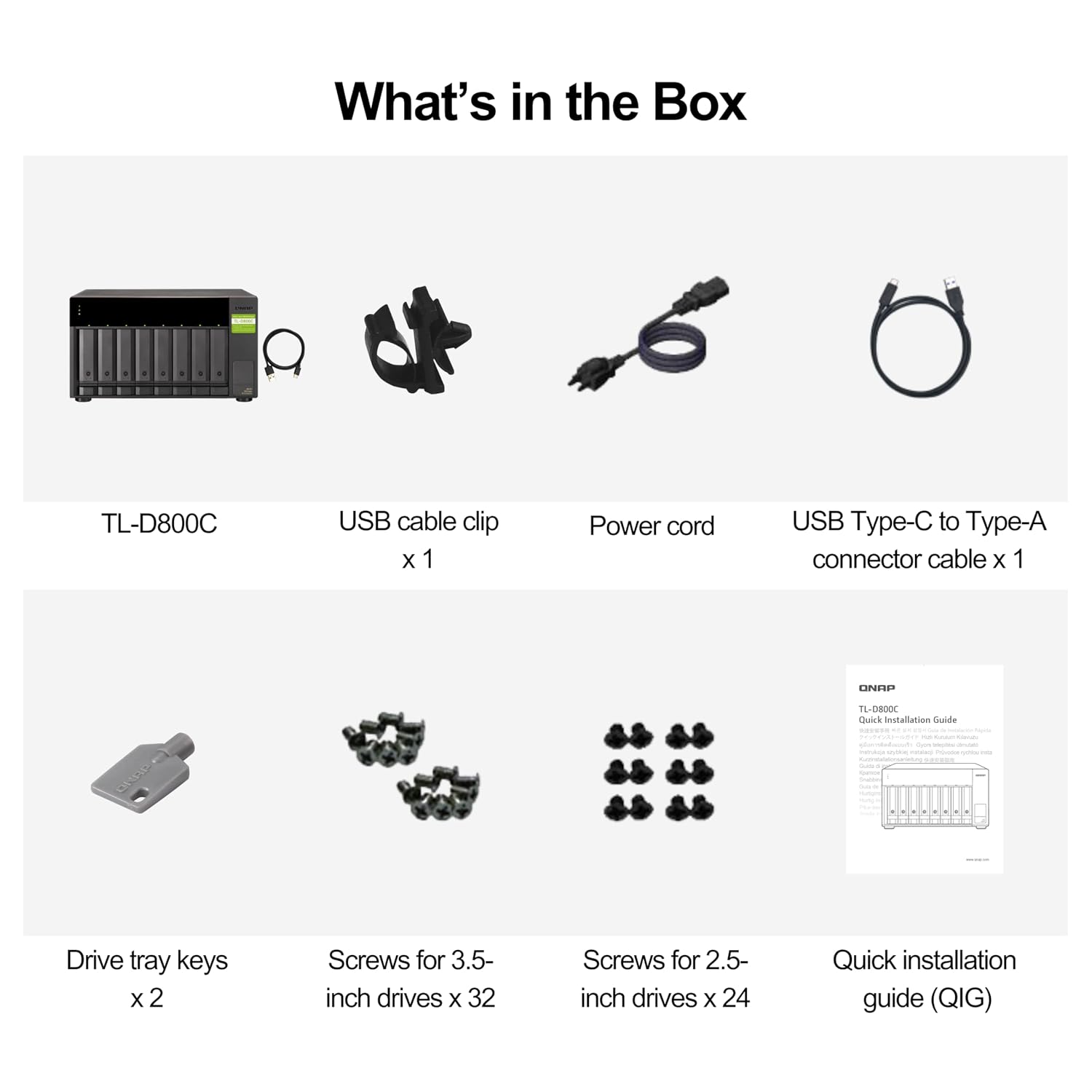 What's in the Box layout showing included items for a QIG TL-D800C drive enclosure: a black multi-drive enclosure, USB cable clip, power cord, USB Type-C to Type-A cable, drive tray keys, screws for 3.5-inch and 2.