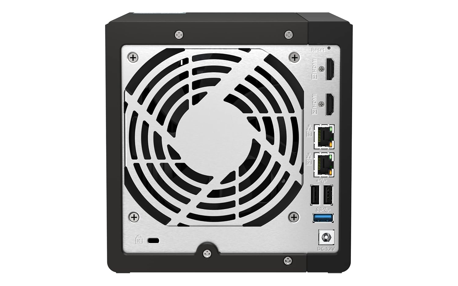 Computer hardware component with cooling fan and ports on a white background