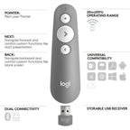 Logitech laser pointer with features listed on a white background