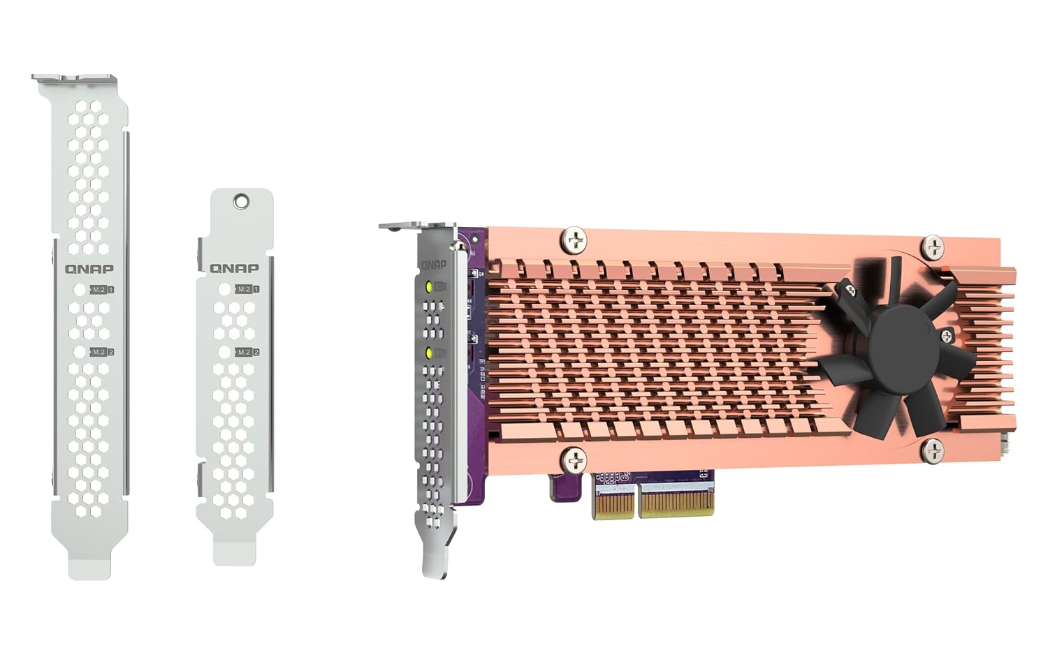 A PCI Express graphics card with a copper-colored heatsink and black cooling fan, shown alongside two white metal bracket adapters on a plain white background.