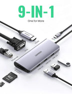 UGREEN 9-in-1 USB Type C Docking Station 4K HDMI VGA Gigabit Ethernet PD Charging 3 USB 3.0 SD Card MacBook Dell XPS (40873)