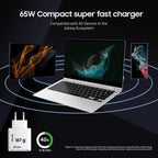 65W compact super fast charger compatible with all devices in the Galaxy ecosystem, featuring a laptop and two smartphones on a dark background.