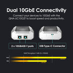 Promotional graphic for a dual 10GbE connectivity networking device, showing front and back views of a silver Q2000T module with labeled ports and throughput performance bars on a dark background.