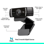 Logitech webcam with features highlighted on a white background