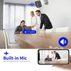 A promotional graphic for a built-in conference room security camera and speaker system. The top half shows three people around a wooden conference table with a laptop, plus a mounted camera and soundwave icon.