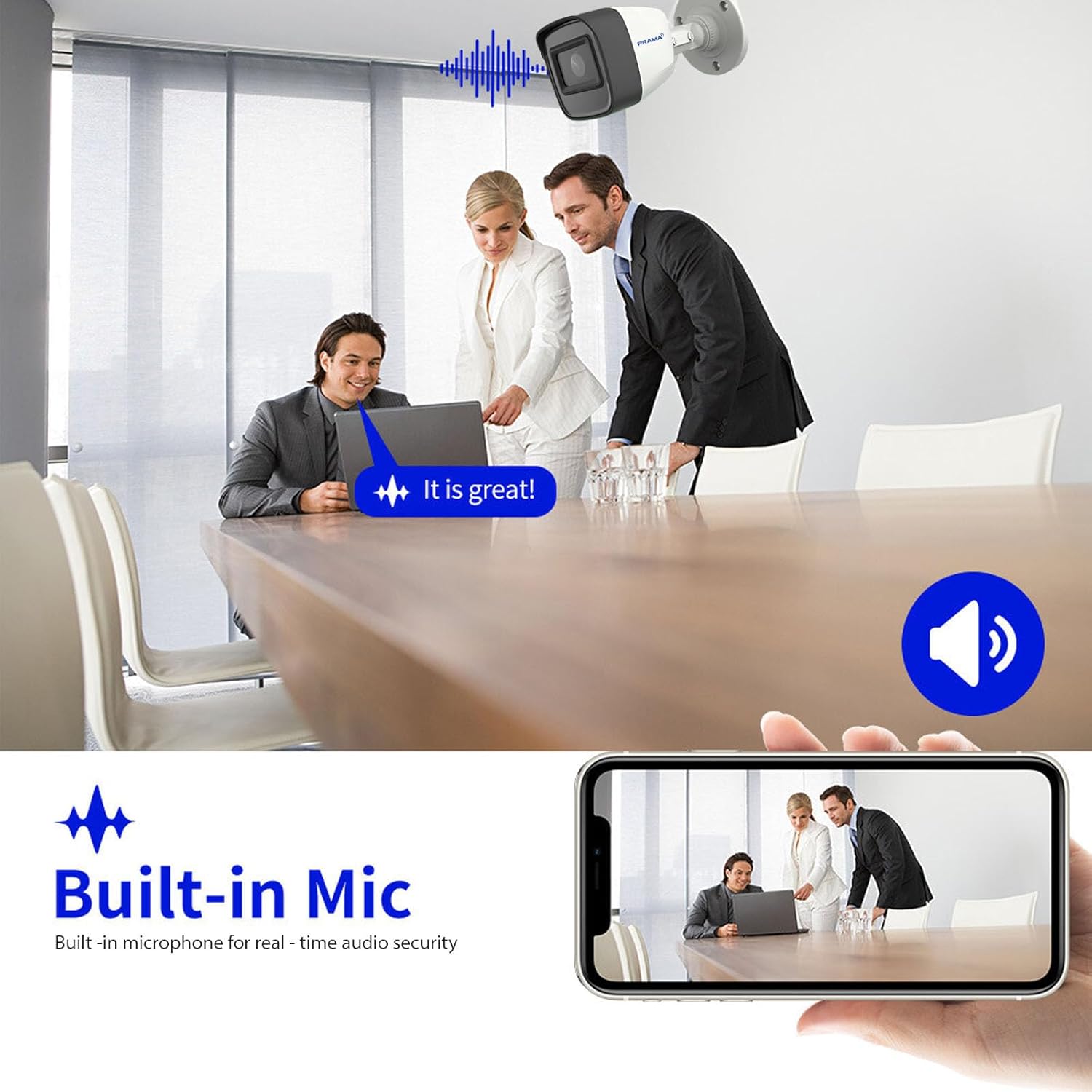 A promotional graphic for a built-in conference room security camera and speaker system. The top half shows three people around a wooden conference table with a laptop, plus a mounted camera and soundwave icon.