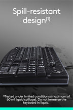 Black keyboard with water droplets on a gray background, labeled 'Spill-resistant design'.