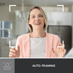 Woman in a kitchen with 'Auto-Framing' text overlay