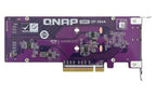 A QNAP GM2-2P-384A 2-port 10Gb Ethernet network card on a solid white background, showing the purple printed circuit board and gold PCI-E connector.
