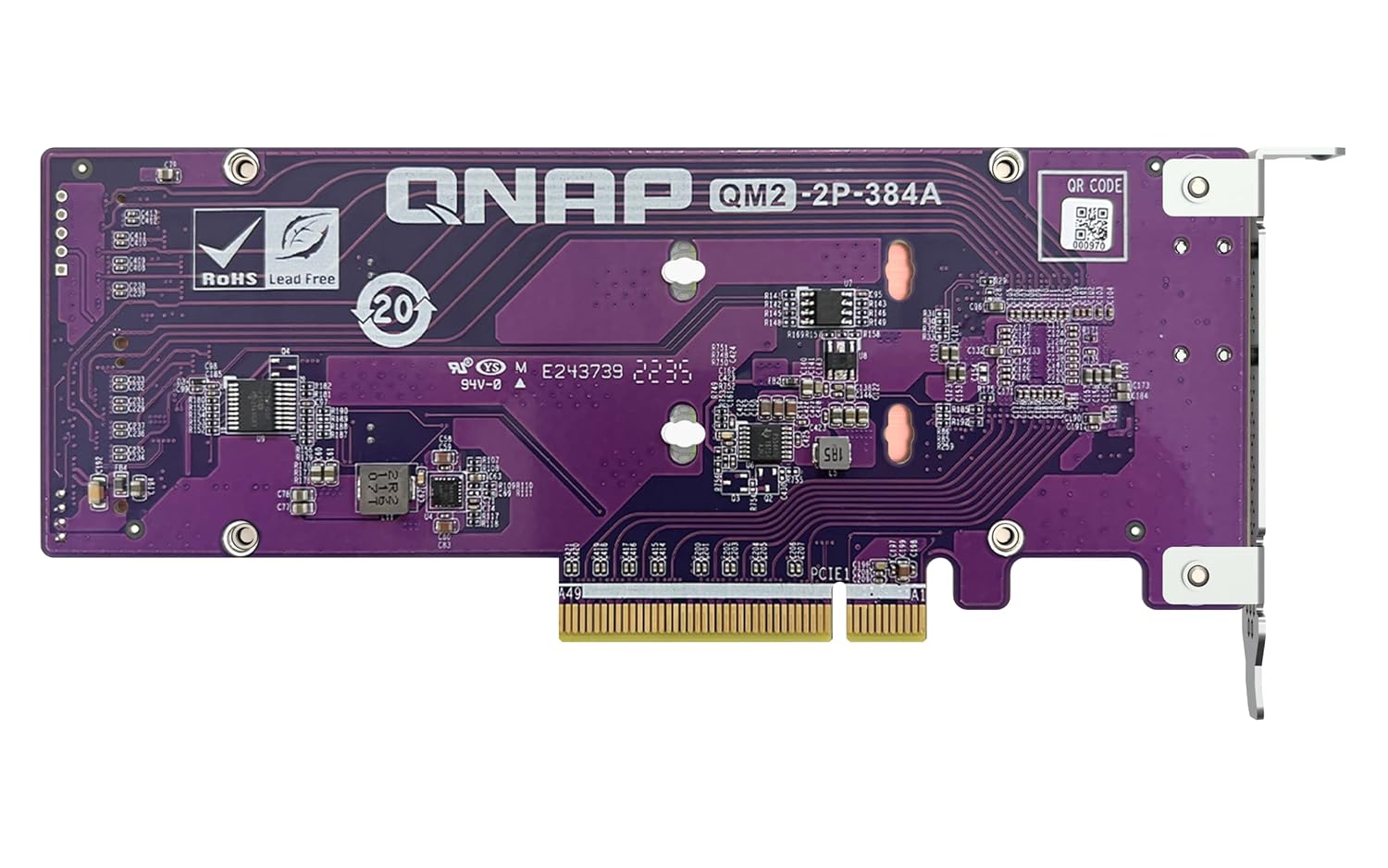 A QNAP GM2-2P-384A 2-port 10Gb Ethernet network card on a solid white background, showing the purple printed circuit board and gold PCI-E connector.