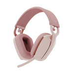 Pink headphones with 'logitech' branding on a white background