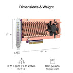 Computer graphics card with dimensions and weight information on a white background