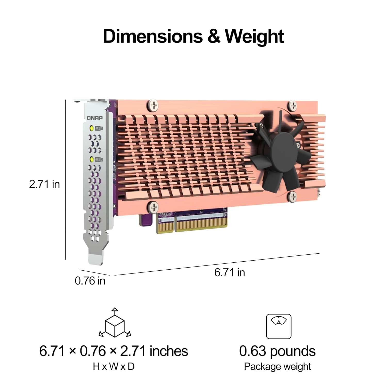 Computer graphics card with dimensions and weight information on a white background
