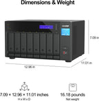 QNAP network storage server shown with dimension callouts and weight information on a white background. The image includes the product itself plus labeled measurements for height, width, and depth, plus icons indicating dimensions and net weight.