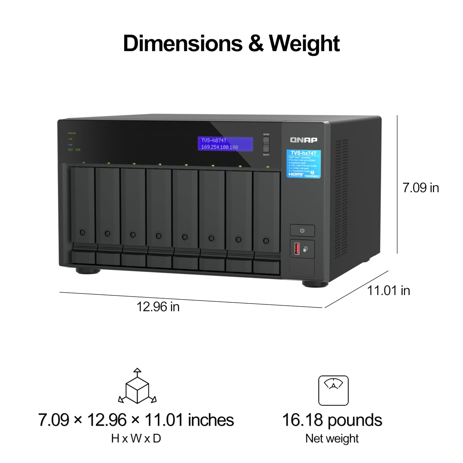 QNAP NAS device with dimensions and weight information on a white background