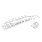 A black-and-white line drawing of a multi-port USB hub with dimension arrows and measurements, including a USB cable and connector shown on a plain white background.