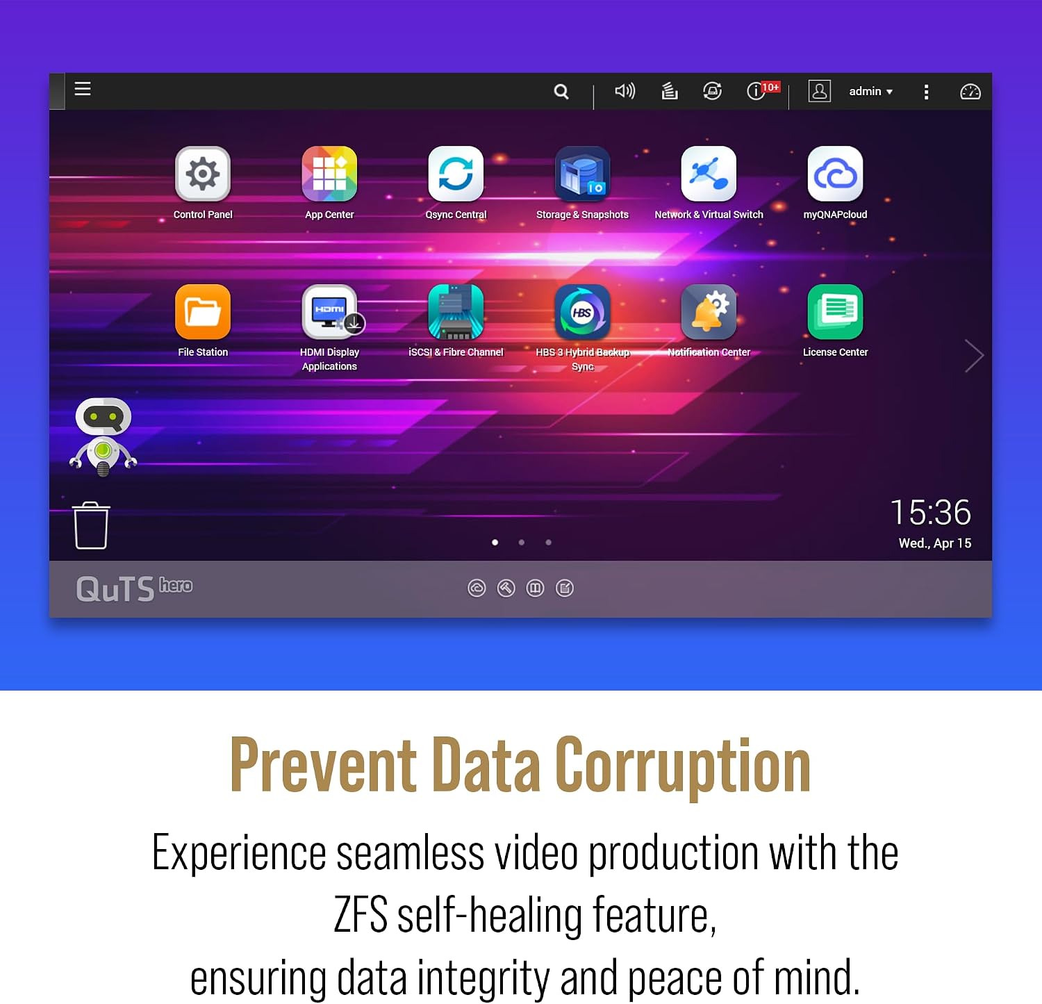 Promotional graphic for QuTS Zeno software showing a tablet screen with a colorful desktop interface and text below reading 'Prevent Data Corruption' and 'Experience seamless video production with the ZFS self-healing feature, ensuring data integrity and peace of mind.'.