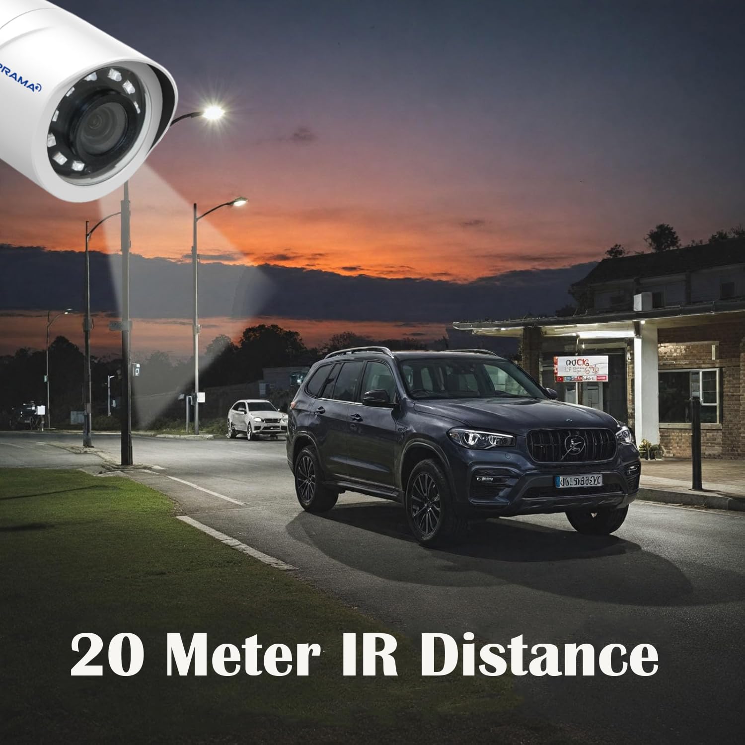 A white dome security camera is shown in the upper left corner with a spotlight beam projecting toward a street scene at dusk. A dark SUV is parked on a road in front of a building, and large text at the bottom reads '20 Meter IR Distance'.