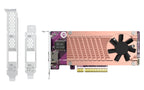 A 3D graphics card with a copper-colored heatsink and black fan, shown alongside two white PCIe power cables on a plain white background.