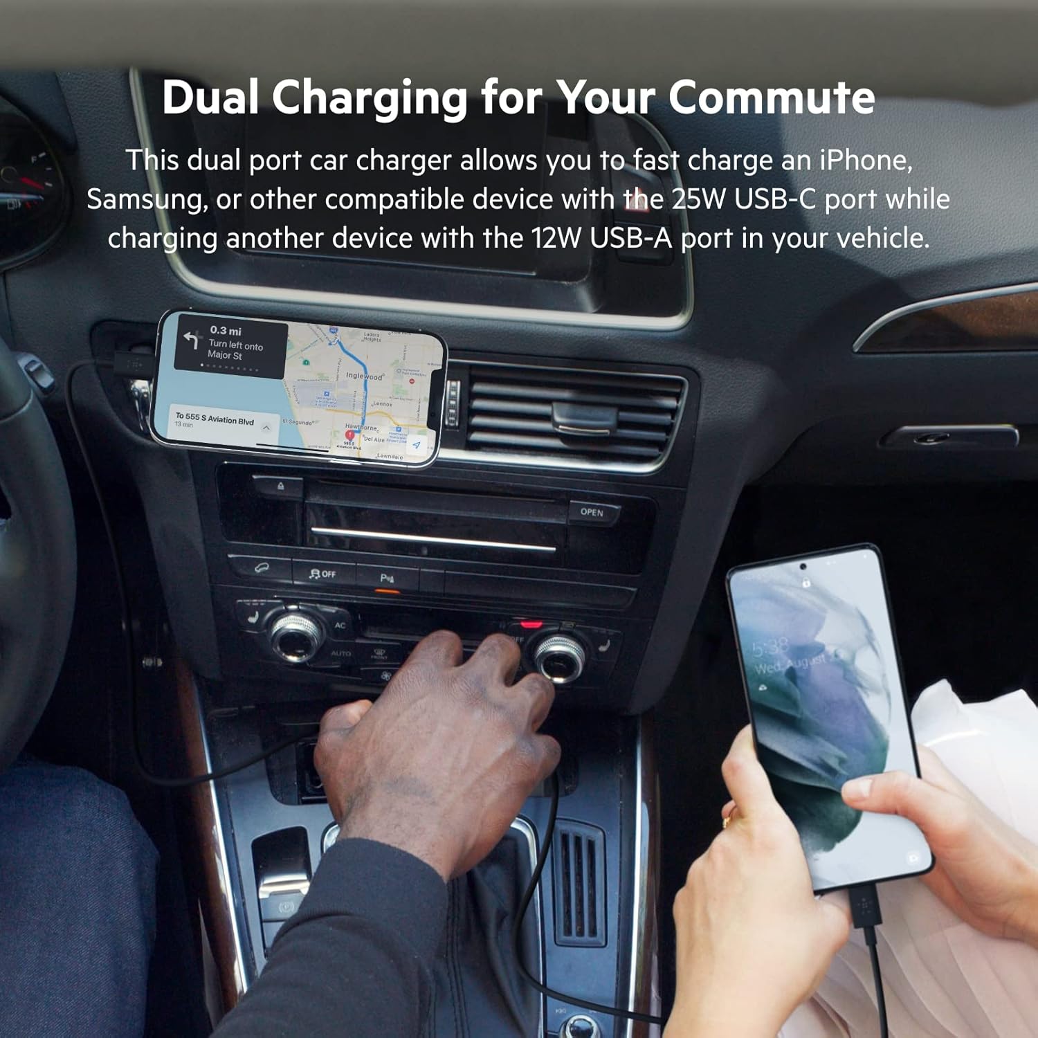 Belkin 37W Dual Port Fast Car Charger with 3.3ft USB-C Cable Included, USB-C 25W PPS Port and USB-A 12W Port for Galaxy S23, S23+, Ultra, Note20, iPhone 14, 13, 12, 11, Pro, Max, Mini and More