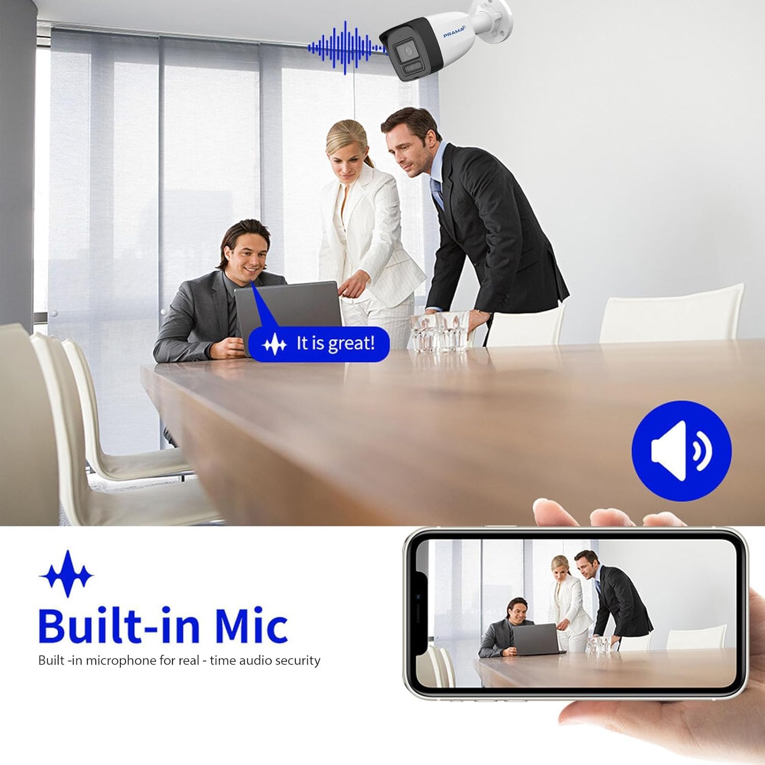 A promotional graphic for a built-in microphone security camera. The top half shows a conference room scene with three business people around a table, with a white dome security camera mounted on the ceiling and a blue soundwave graphic above.