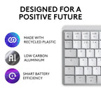 Promotional graphic for a keyboard with the headline 'DESIGNED FOR A POSITIVE FUTURE' and three feature callouts: recycled plastic, low carbon aluminium, and smart battery efficiency, alongside a cropped view of a light gray keyboard on a white background.