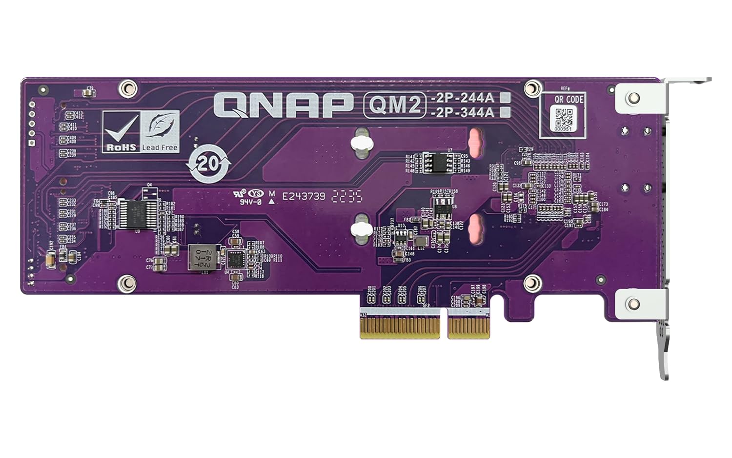 Purple QNAP computer expansion card on a white background