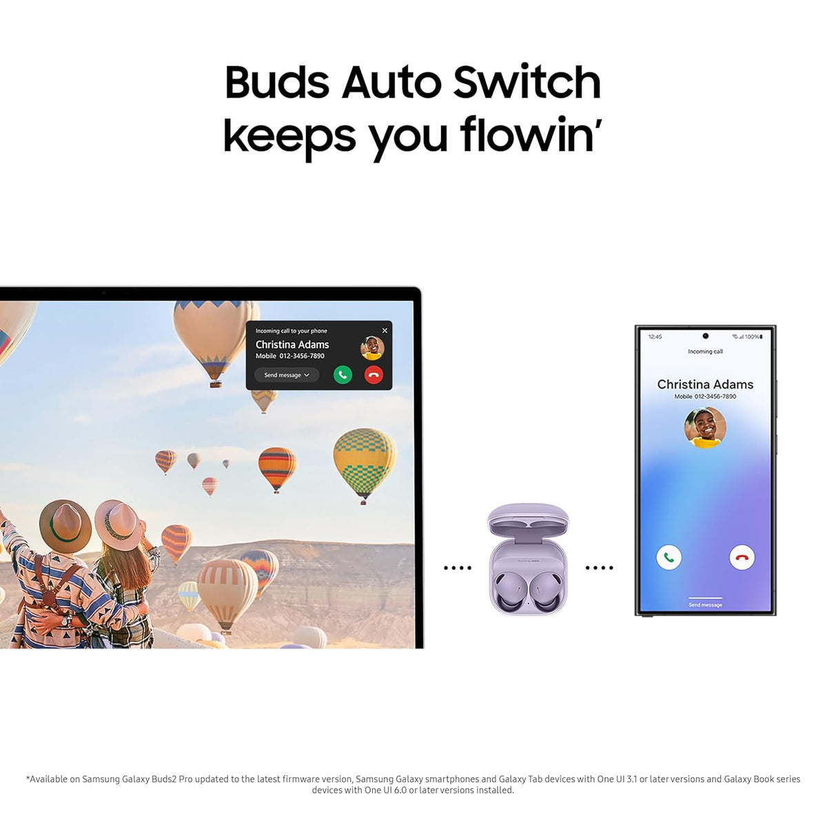 Advertisement for Buds Auto Switch with phone and tablet screens showing communication.