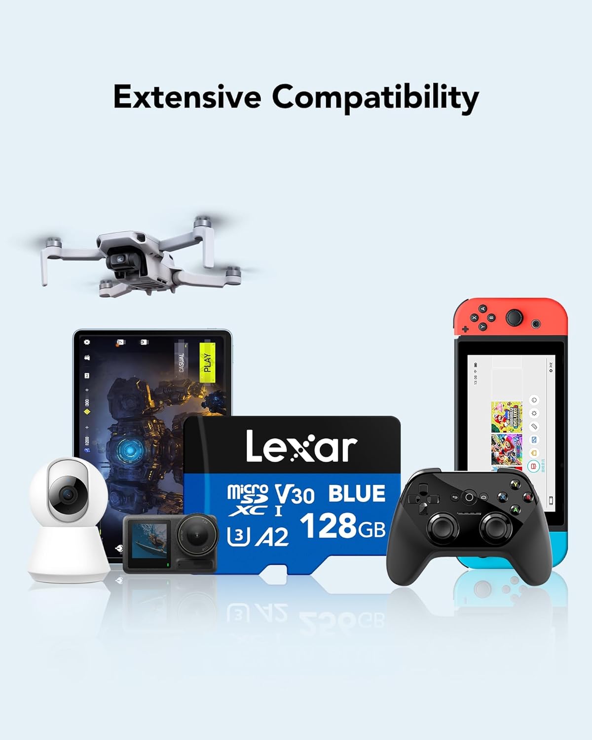 Lexar Blue Micro SD Card Up to 160MB/s, microSDXC UHS-I Memory Card with SD Adapter, C10, U3, A2, V30, Full HD, 4K UHD, High Speed TF Card