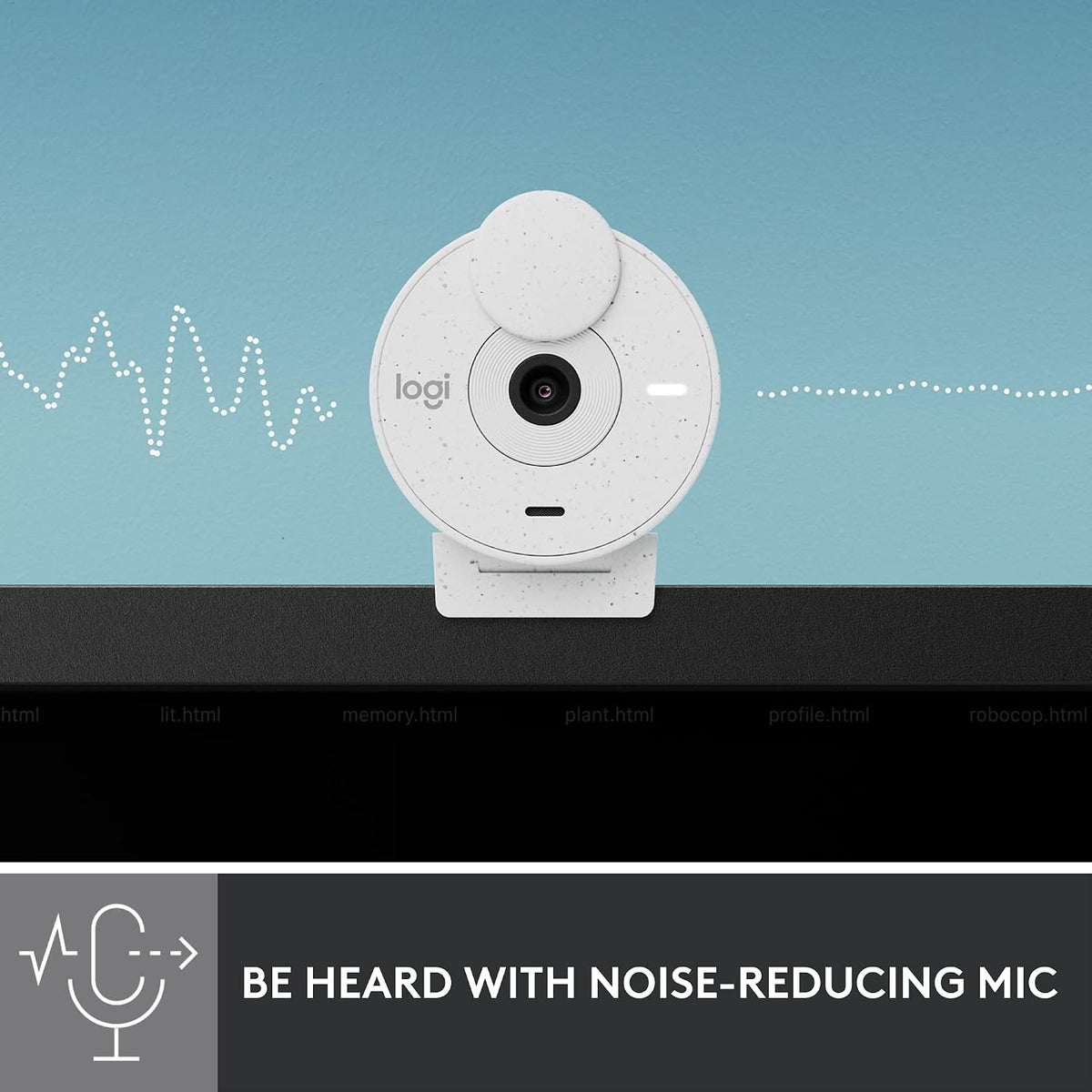 A white Logi security camera shown against a light blue background with waveform graphics, plus a dark banner at the bottom reading 'BE HEARD WITH NOISE-REDUCING MIC' and a microphone icon. The product itself is the camera, not the banner or environment.
