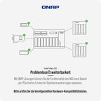A technical diagram on a light gray background showing a QNAP NAS device connected to external storage devices, with German text below and the QNAP logo at the top.