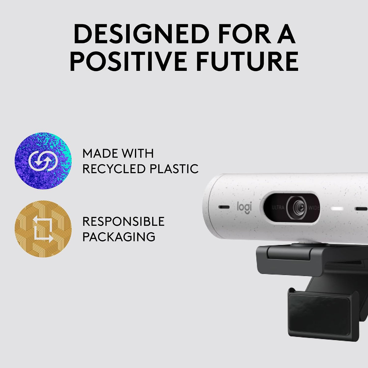 Logitech webcam with sustainability features on a light gray background
