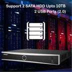 Prama 8-channel network security DVR with 2 SATA HDDs up to 10TB and 2 USB 2.0 ports, shown in front of a server rack background with text overlay.