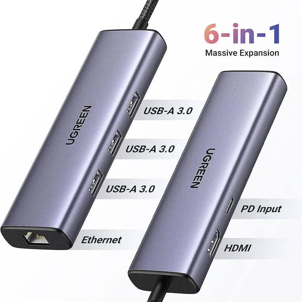 UGREEN 6-in-1 USB-C Multiport Docking Station 1000Mbps Ethernet 4K HDMI 100W PD 3x USB-A 3.0 MacBook iPad Pro Surface Laptop 15598