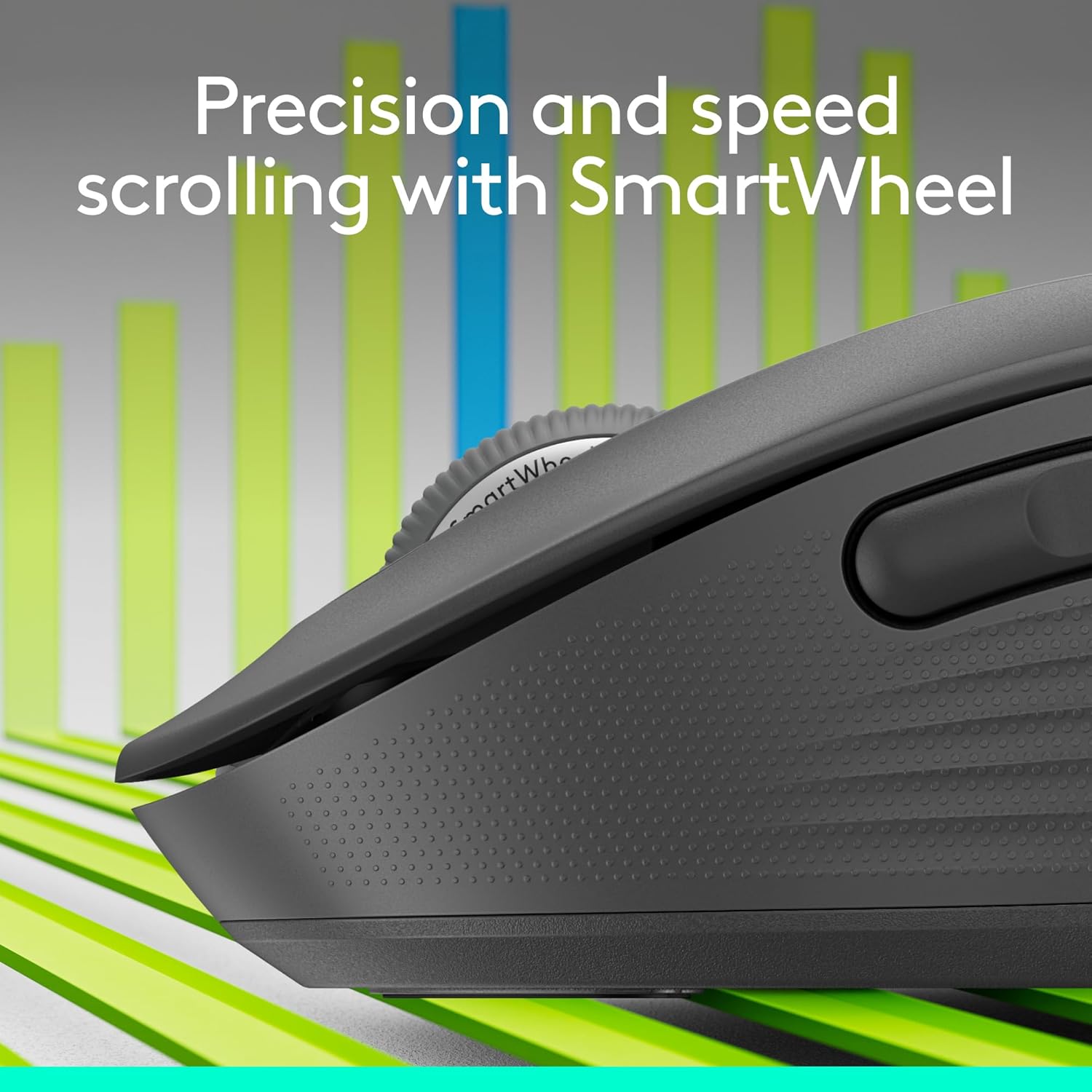 Black computer mouse with text 'Precision and speed scrolling with SmartWheel' on a colorful background