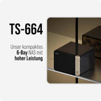 Promotional graphic for the TS-664 6-bay NAS, showing a compact black external storage unit with a vertical silver and white front panel on a shelf, alongside German marketing text.
