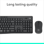 Logitech keyboard and mouse set with 'Long lasting quality' text on a white background