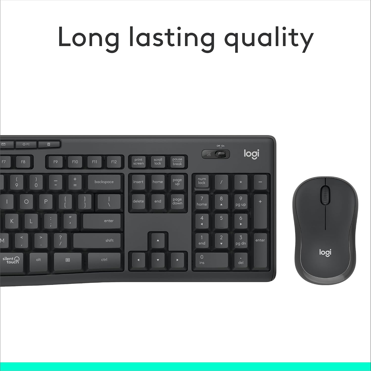Logitech keyboard and mouse set with 'Long lasting quality' text on a white background