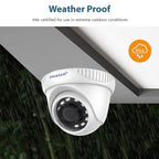 White dome security camera under a roof eave with rain falling, featuring 'PRAMA' branding and 'Weather Proof' text with an IP66 badge.