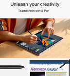 A tablet shown on a wooden desk with a person using a stylus on the touchscreen, plus text reading 'Unleash your creativity' and 'Touchscreen with S Pen,' plus a small inset showing the stylus and a digital design preview.