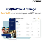 Promotional graphic for QNAP myQNAPcloud Storage, showing a large text headline, a screenshot of the cloud storage interface, and two small lifestyle inset photos of people using the service. The QNAP logo appears in the top right.