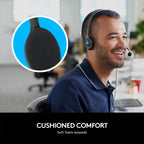 Man wearing a headset with cushioned comfort feature highlighted
