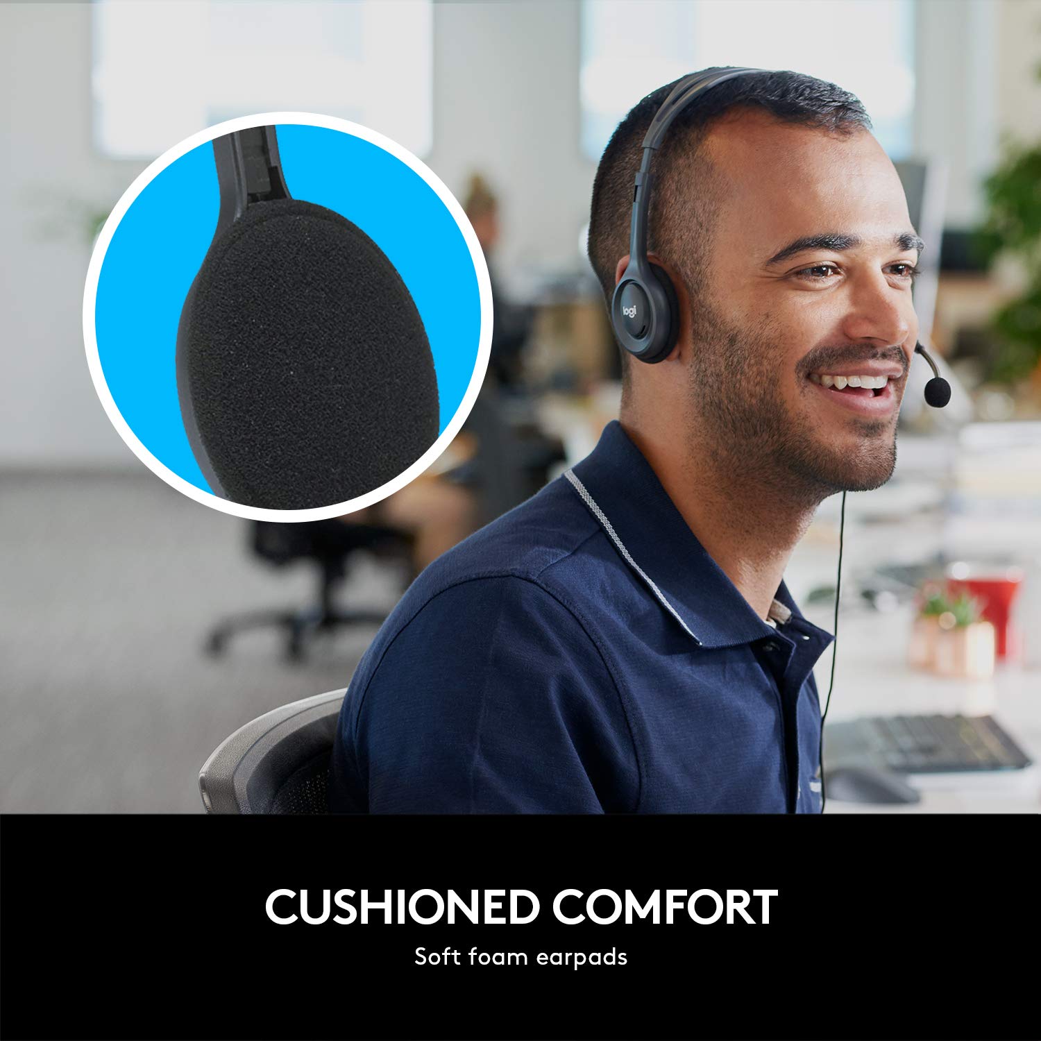 Man wearing a headset with cushioned comfort feature highlighted