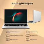 A silver laptop shown open and closed on a warm beige background with marketing text reading 'Amazing FHD Display' and feature callouts for FHD display, anti-glare coating, high screen-to-body ratio, slim bezel, and backlit keyboard.